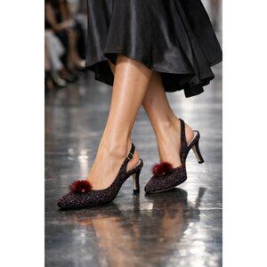Cynthia Rowley Geist Tweed Slingback Heels Burgundy Pom Pom Kitten Heel Shoes